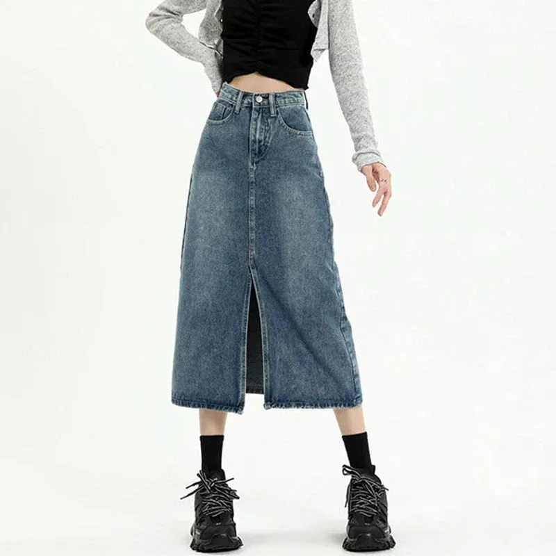 Female Spring 2024 New High-Waisted Thin Short Skirt Retro Blue Medium-Length Skirt Jeans