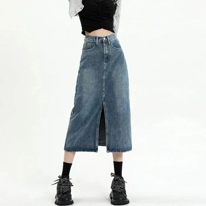 Female Spring 2024 New High-Waisted Thin Short Skirt Retro Blue Medium-Length Skirt Jeans