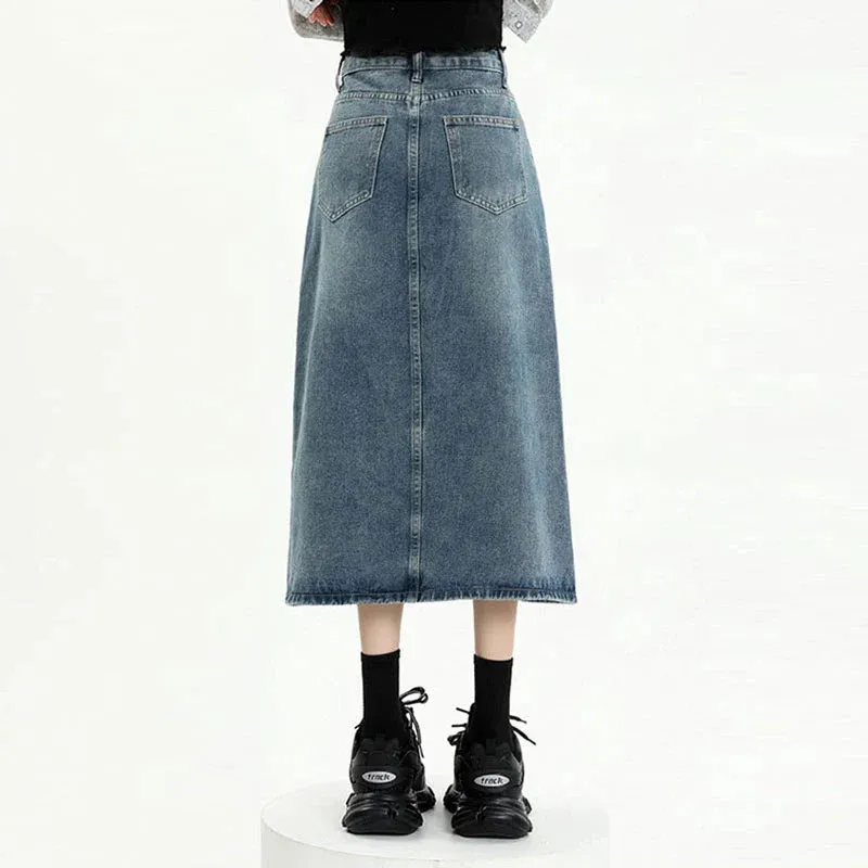 Female Spring 2024 New High-Waisted Thin Short Skirt Retro Blue Medium-Length Skirt Jeans