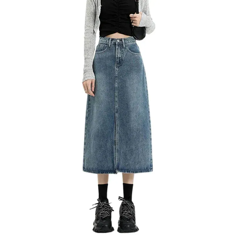 Female Spring 2024 New High-Waisted Thin Short Skirt Retro Blue Medium-Length Skirt Jeans