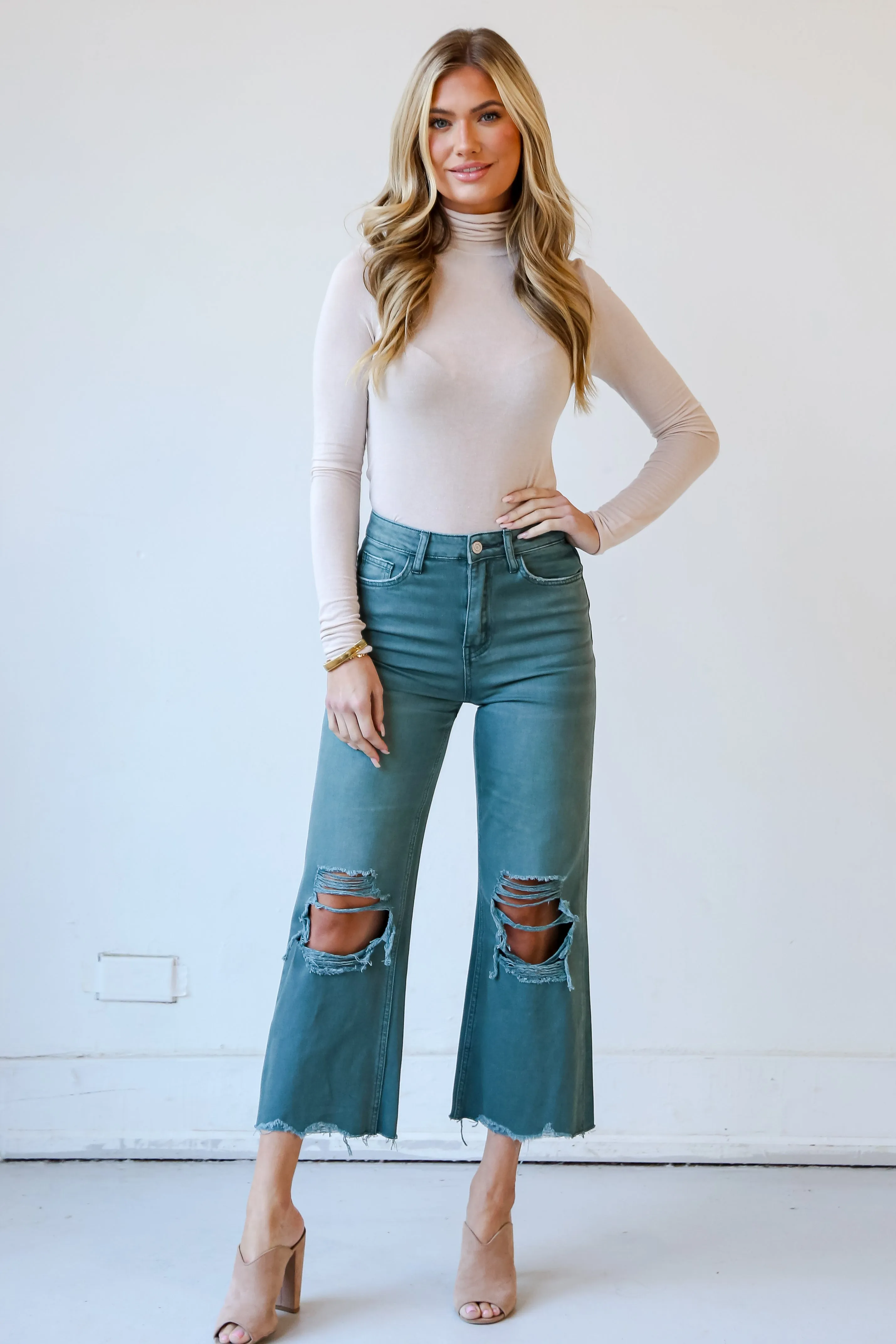 FINAL SALE - Number One Choice Sage Distressed Flare Jeans