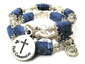 First Communion Blue Jean Beaded Wrap Bracelet