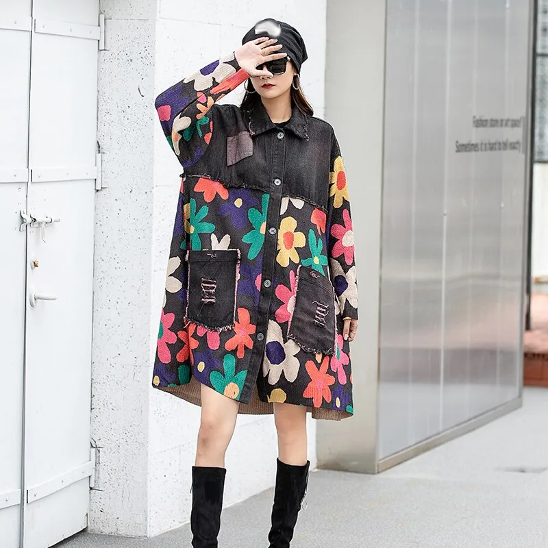 Floral Print Patchwork Spliced Denim Coat