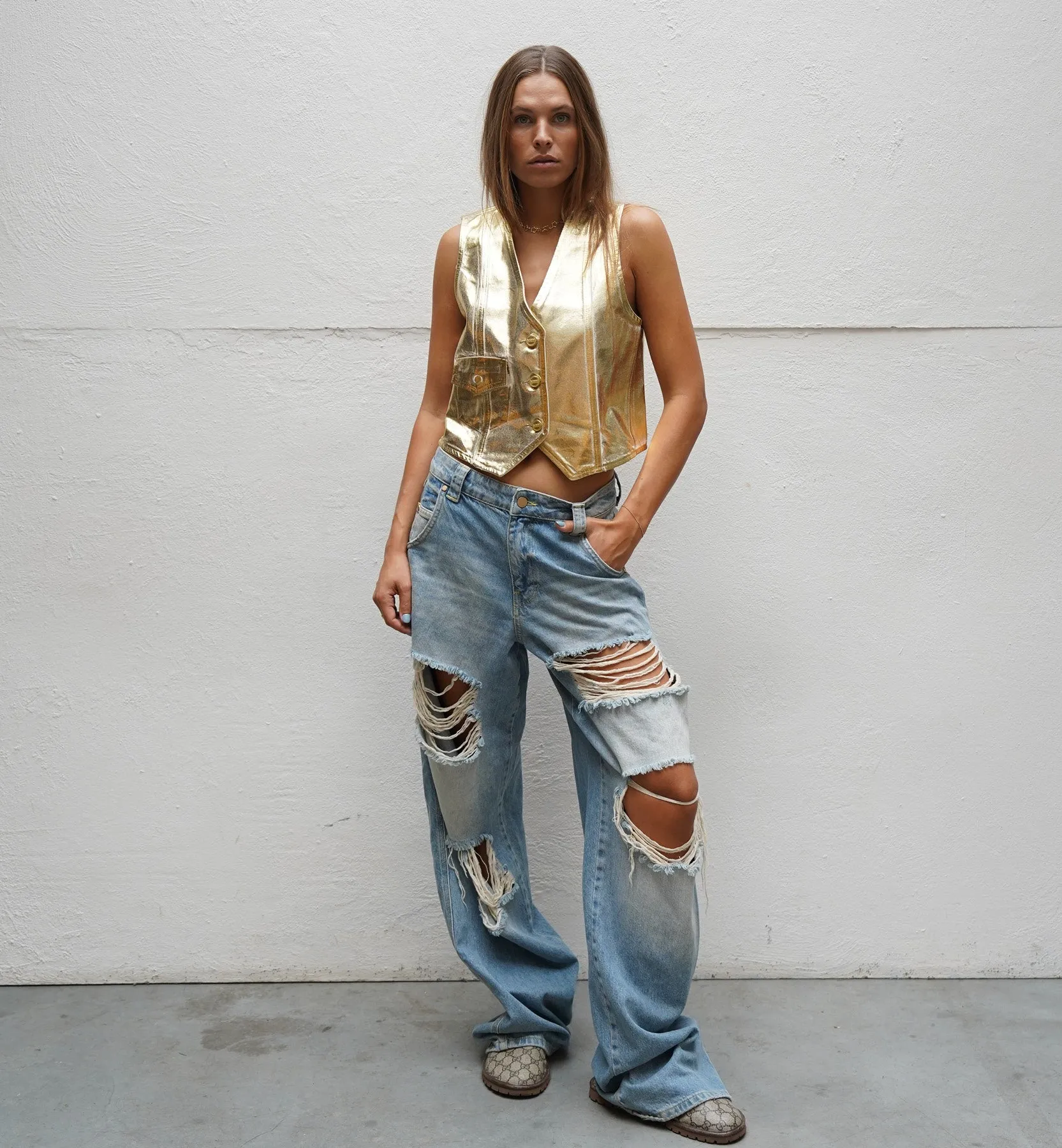 GANNI Gold Foil Denim Gilet