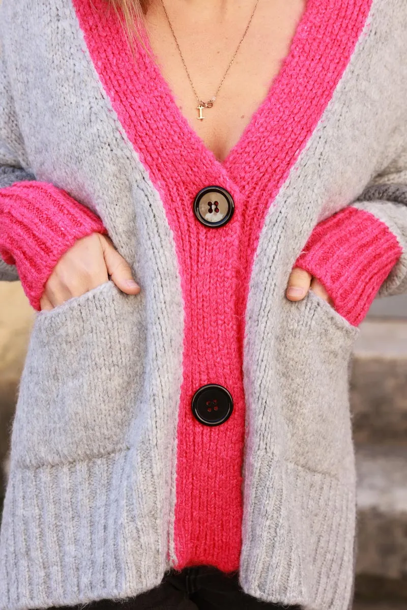 Gilet loose en maille mohair tricolore gris et fuchsia