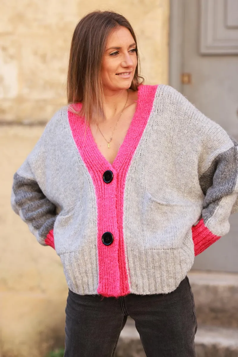 Gilet loose en maille mohair tricolore gris et fuchsia