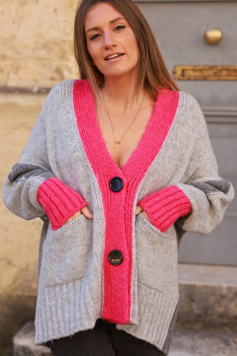 Gilet loose en maille mohair tricolore gris et fuchsia