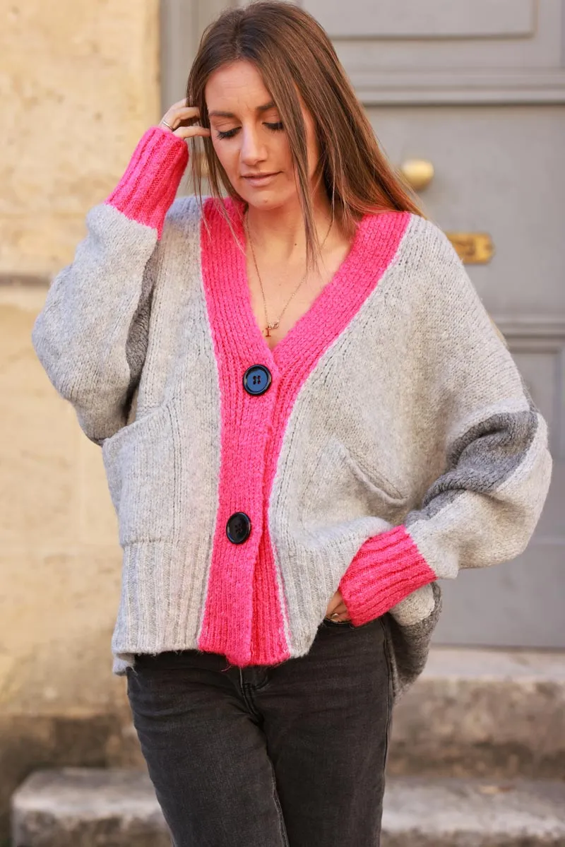 Gilet loose en maille mohair tricolore gris et fuchsia