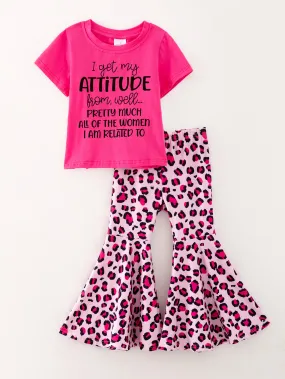 Girls Hot pink "ATTITUDE" Letter Print Top   Leopard Print Flared Pants