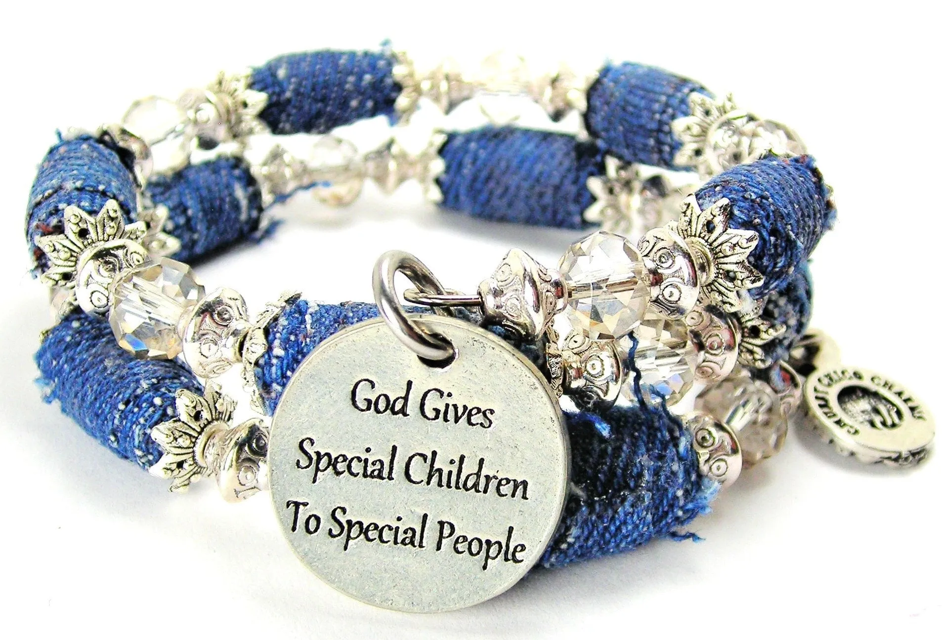 God Gives Special Children To Special People Blue Jean Beaded Wrap Bracelet