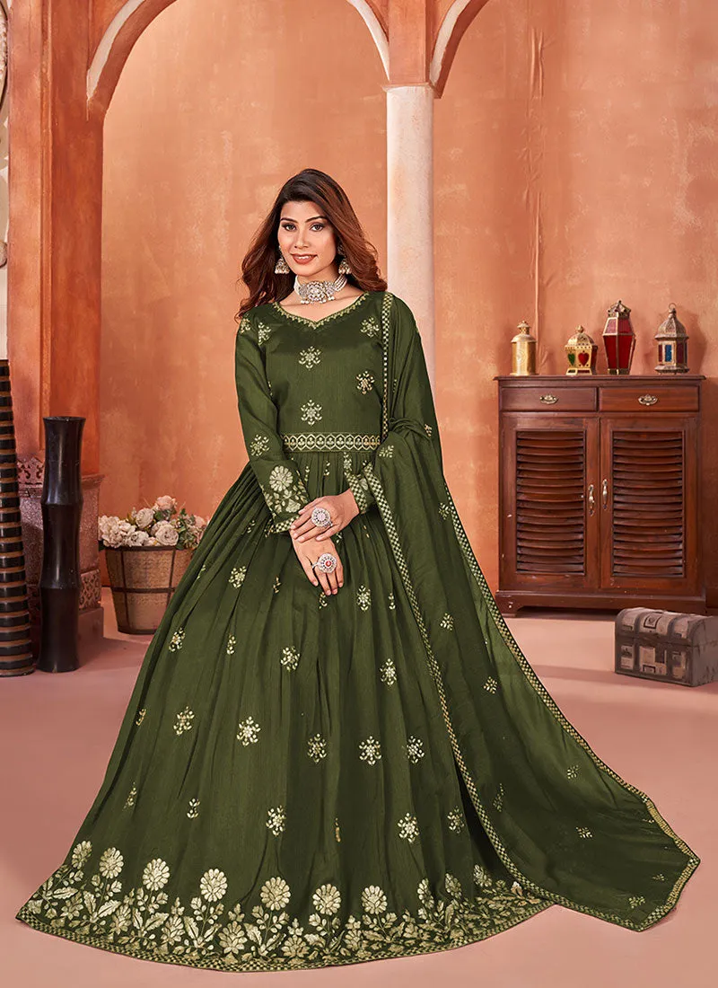 Green Embroidery Silk Anarkali Suit