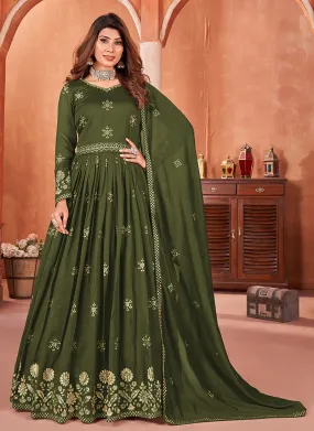 Green Embroidery Silk Anarkali Suit