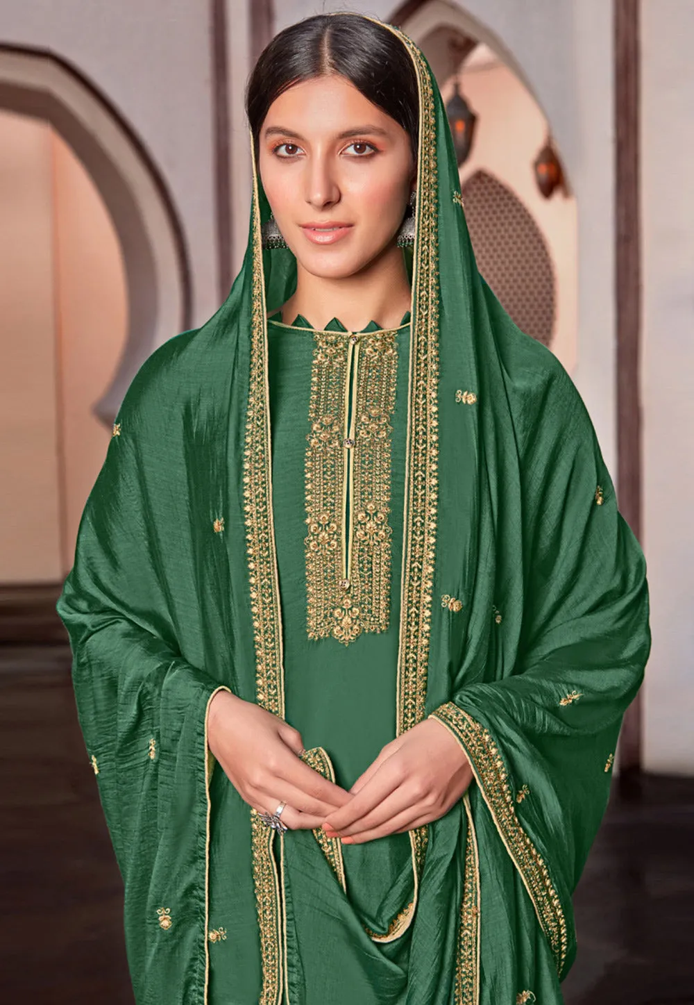 Green Golden Embroidered Pakistani Style Pant Suit