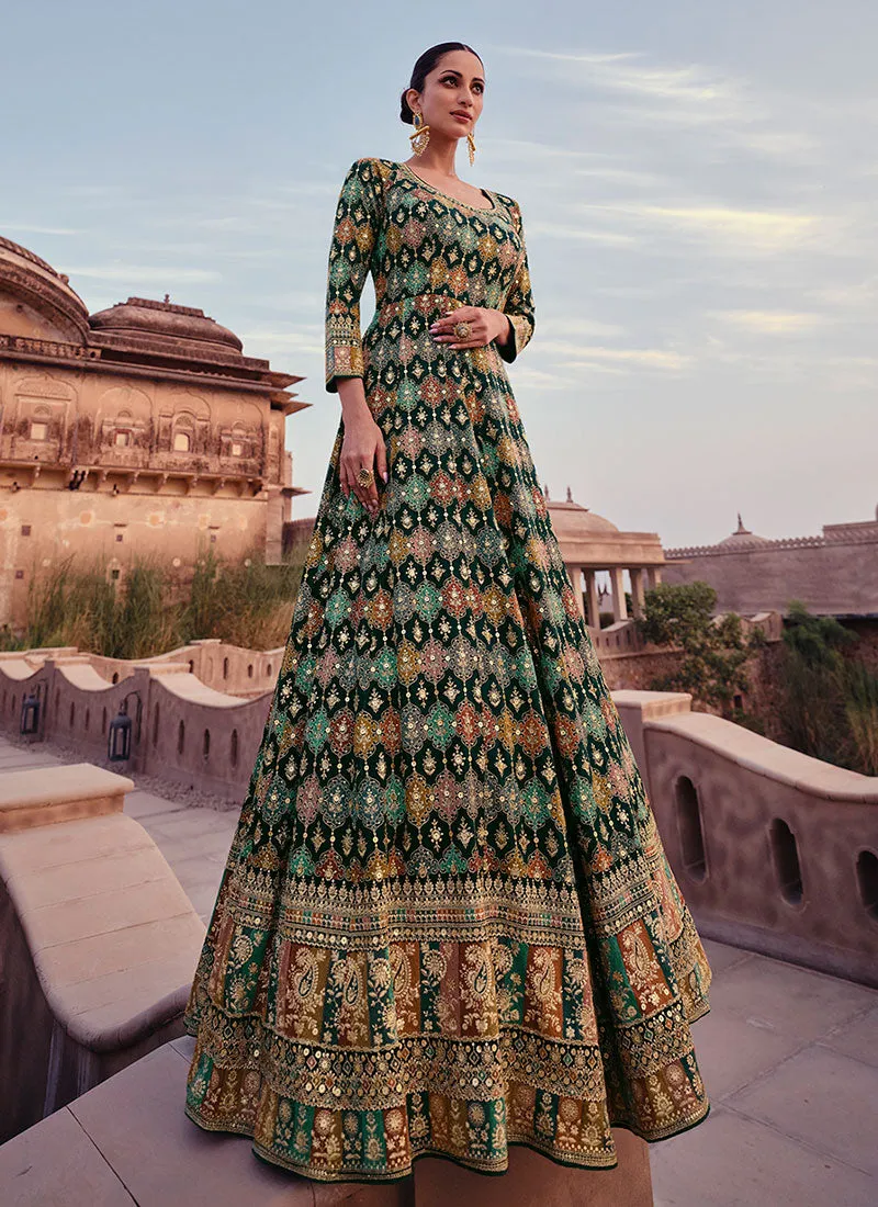 Green Thread And Sequence Embroidery Anarkali Gown