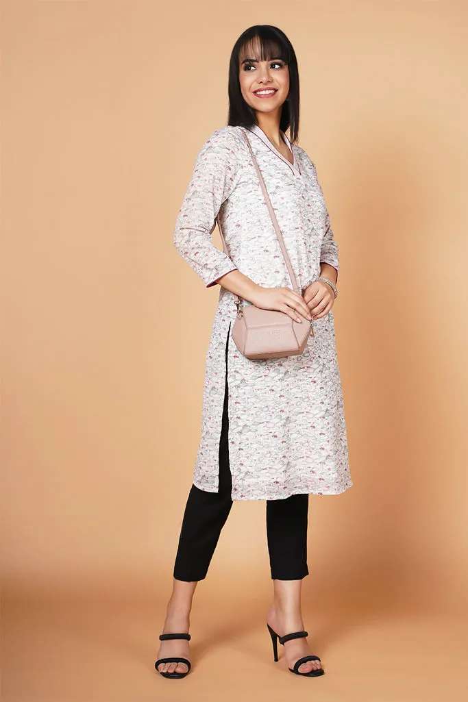 Grey Printed Straight-fit Kurta