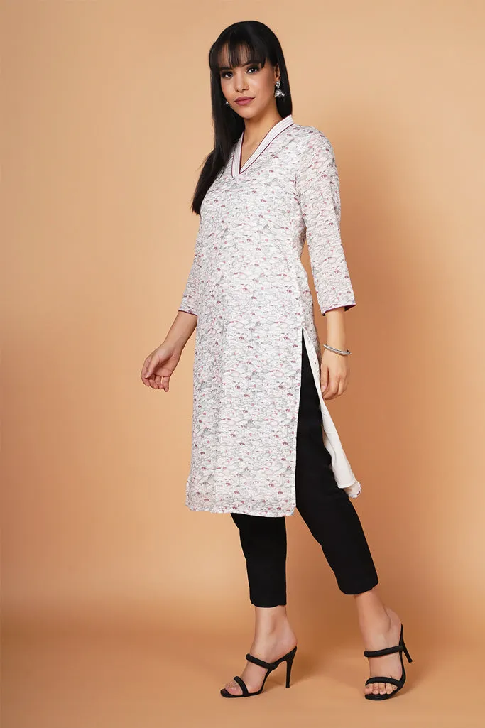 Grey Printed Straight-fit Kurta