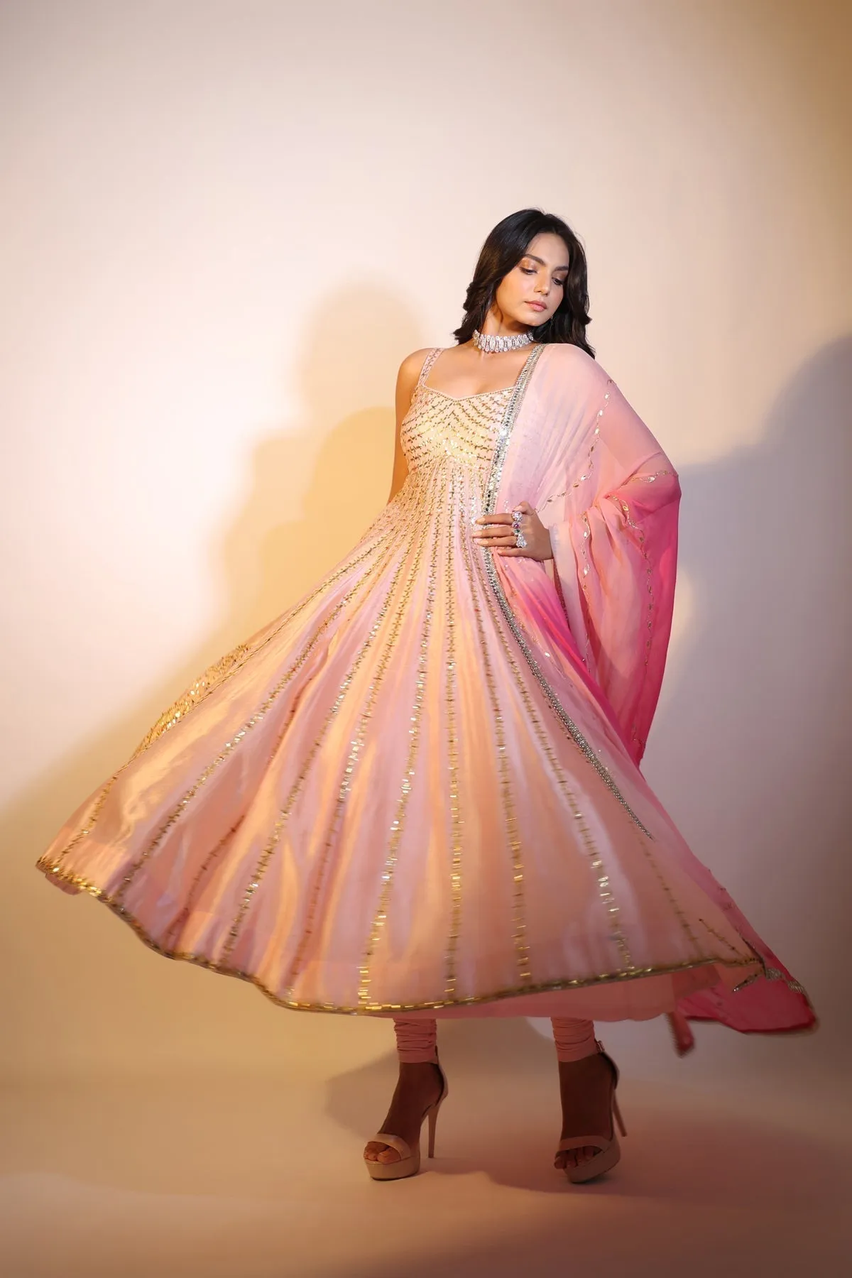 Haseena baby pink bareek gota anarkali set