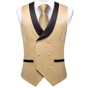 Hi-Tie Tan Double Breasted Waistcoat Black Shawl Lapel Mens Solid Vest