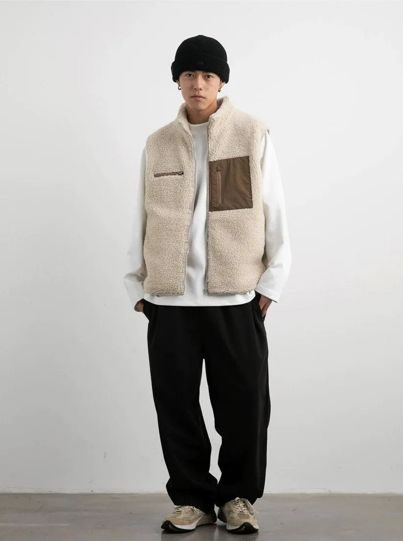 High Collar Shearling Vest with Zip Pockets