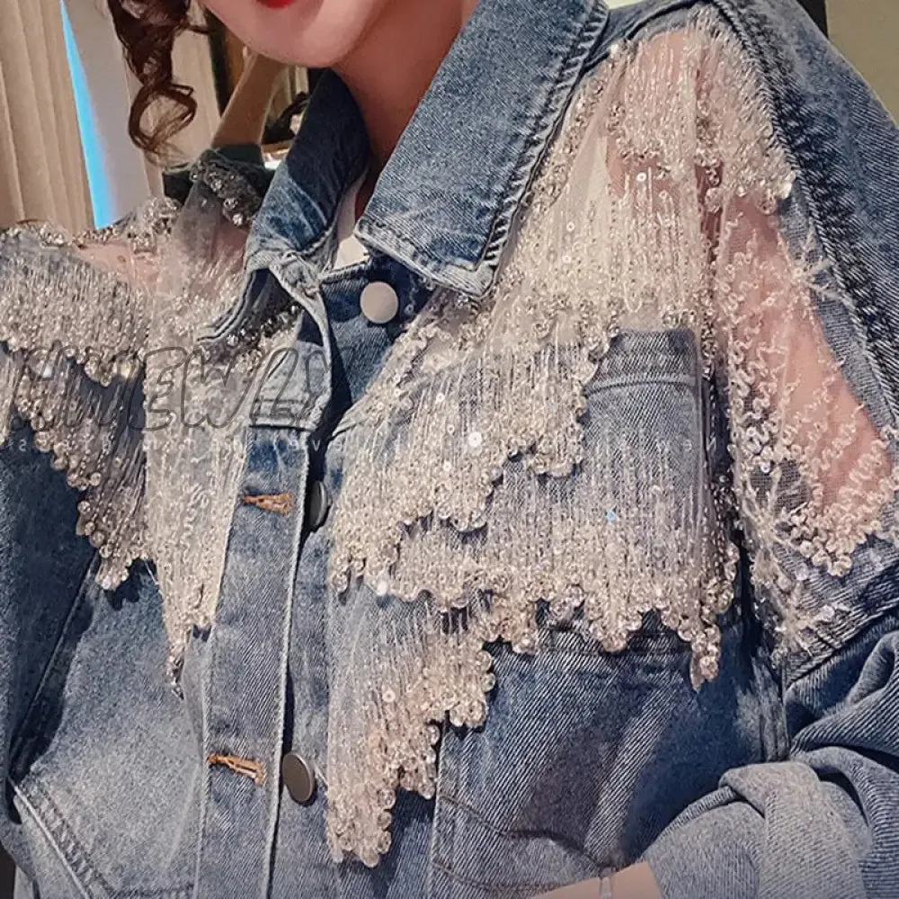 Hnewly New Spring Patchwork Lace Denim Jackets Coat Women Tassel Beading Diamonds Jackets Outerwear Coats and Jackets Women Pretty Girl Outfits