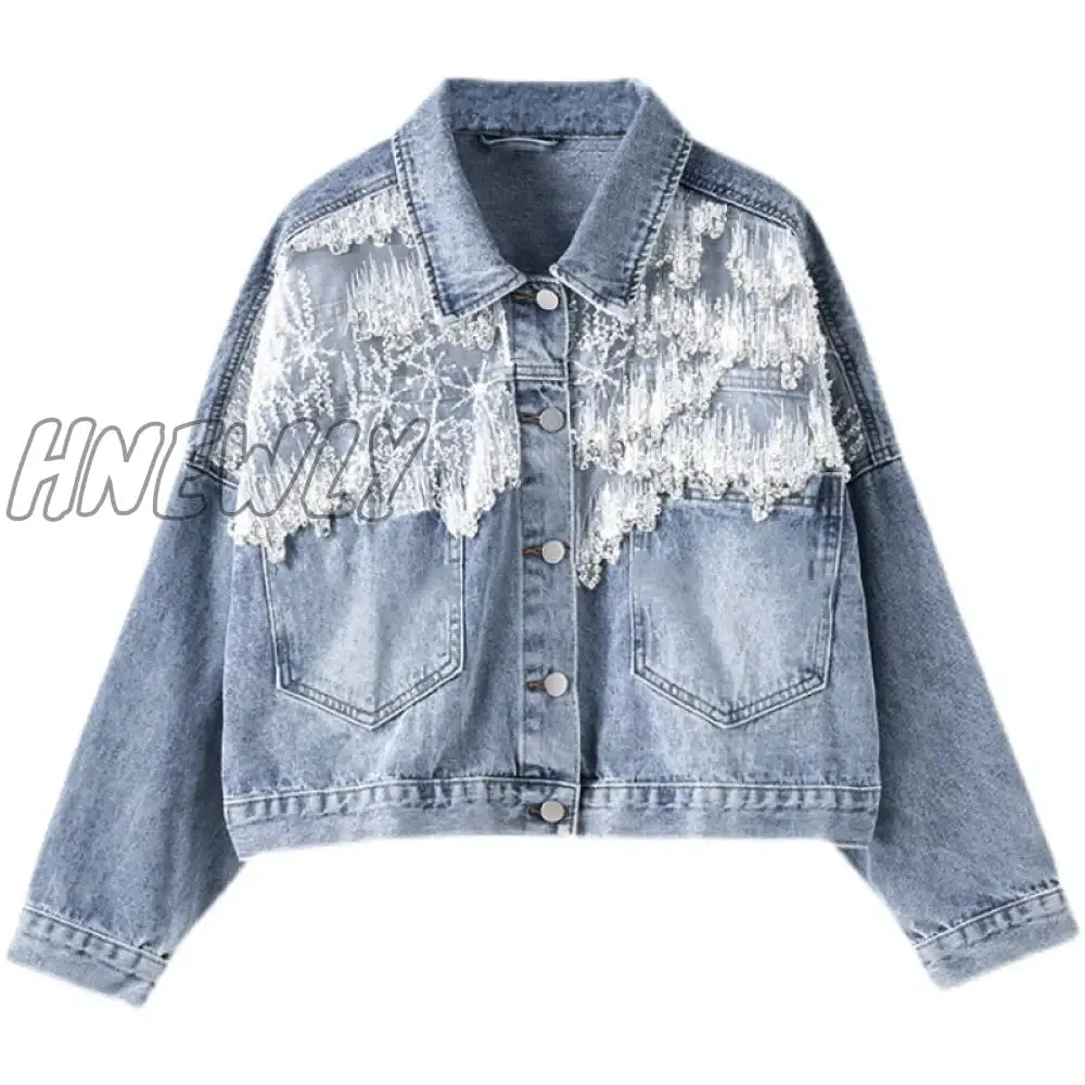 Hnewly New Spring Patchwork Lace Denim Jackets Coat Women Tassel Beading Diamonds Jackets Outerwear Coats and Jackets Women Pretty Girl Outfits