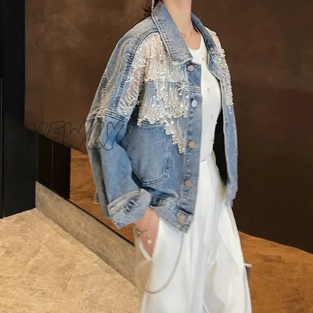 Hnewly New Spring Patchwork Lace Denim Jackets Coat Women Tassel Beading Diamonds Jackets Outerwear Coats and Jackets Women Pretty Girl Outfits