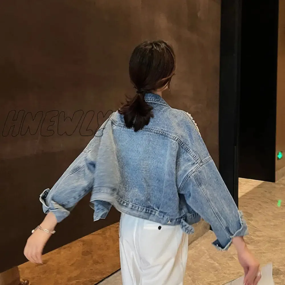 Hnewly New Spring Patchwork Lace Denim Jackets Coat Women Tassel Beading Diamonds Jackets Outerwear Coats and Jackets Women Pretty Girl Outfits