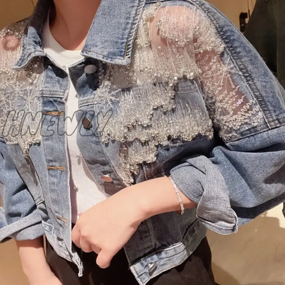 Hnewly New Spring Patchwork Lace Denim Jackets Coat Women Tassel Beading Diamonds Jackets Outerwear Coats and Jackets Women Pretty Girl Outfits