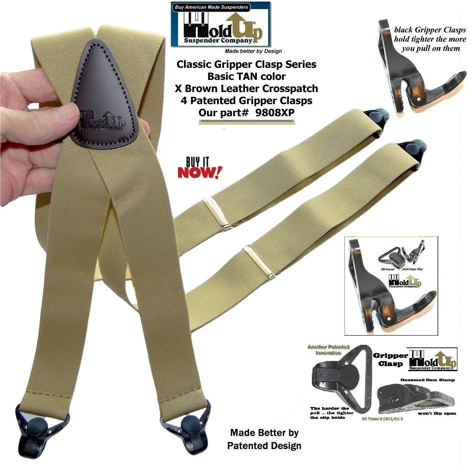 Holdup Brand Classic Series Tan X-back Suspenders With Black USA Patented Gripper Clasps