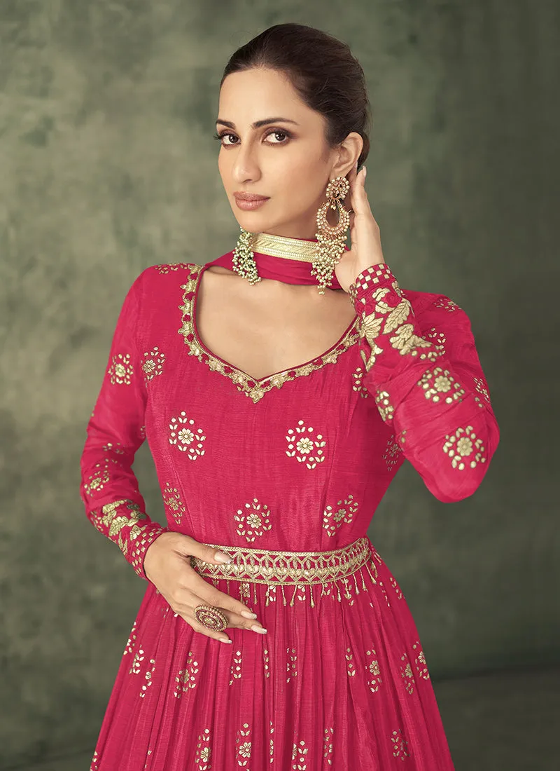 Hot Pink Sequence Embroidery Wedding Anarkali Pant Suit