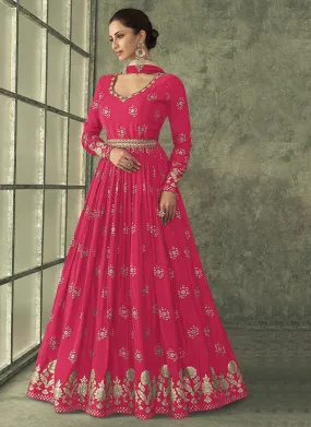 Hot Pink Sequence Embroidery Wedding Anarkali Pant Suit