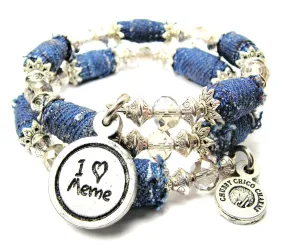 I Love Meme Child Handwriting Blue Jean Beaded Wrap Bracelet