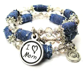 I Love Mom Child Handwriting Blue Jean Beaded Wrap Bracelet