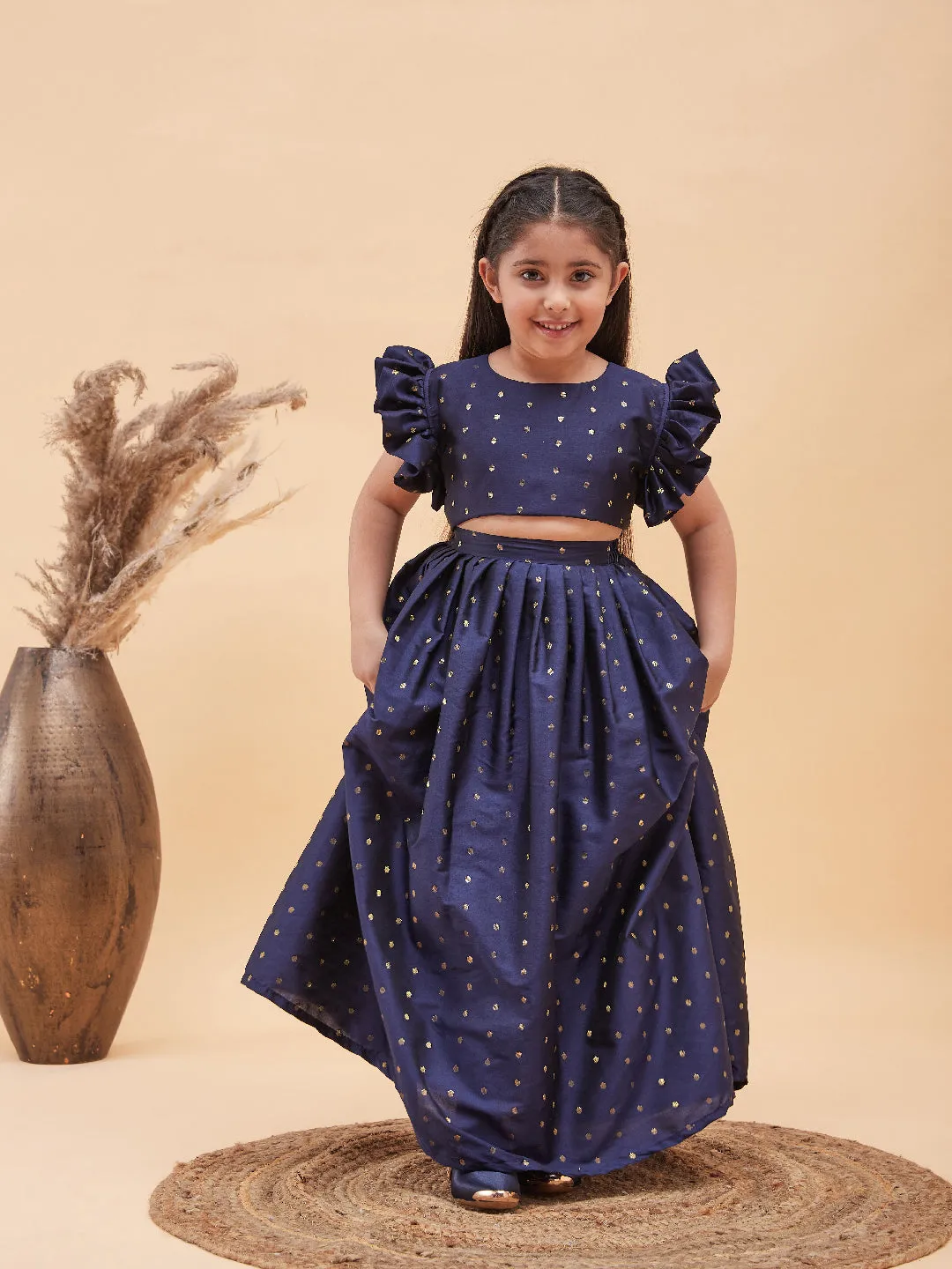 Jashvi Girl's Navy Blue Woven Design Booti Crop Top And Long Skirt Set