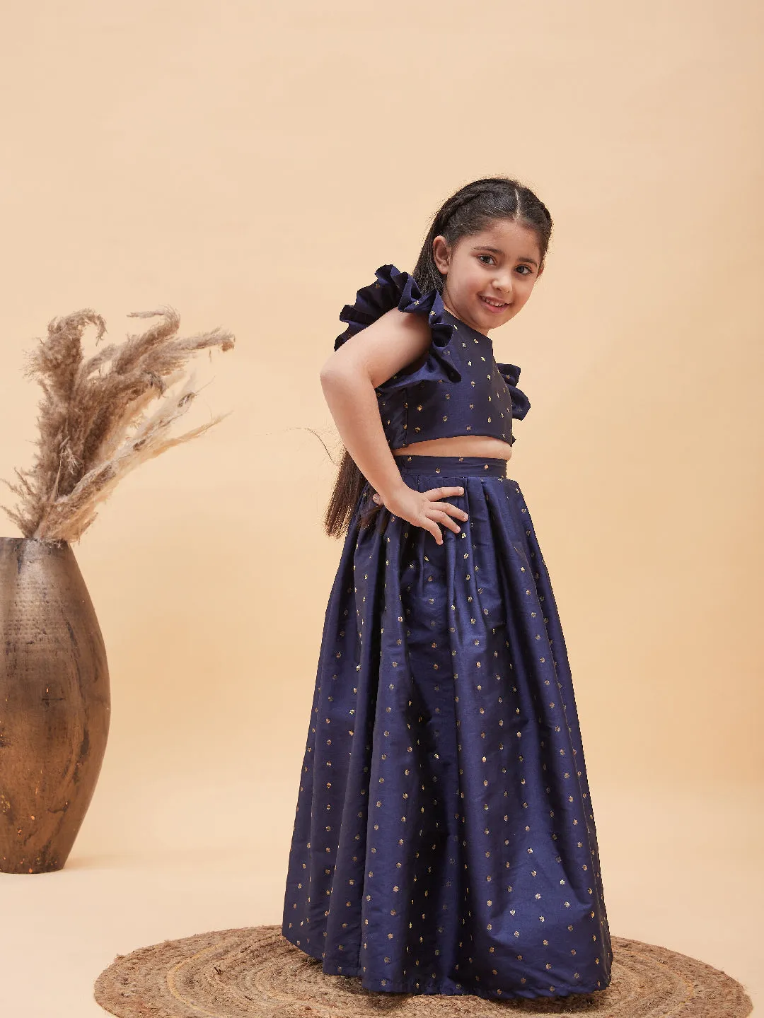 Jashvi Girl's Navy Blue Woven Design Booti Crop Top And Long Skirt Set