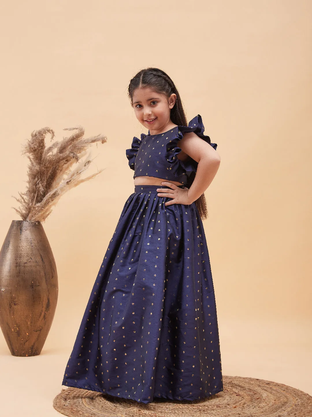 Jashvi Girl's Navy Blue Woven Design Booti Crop Top And Long Skirt Set