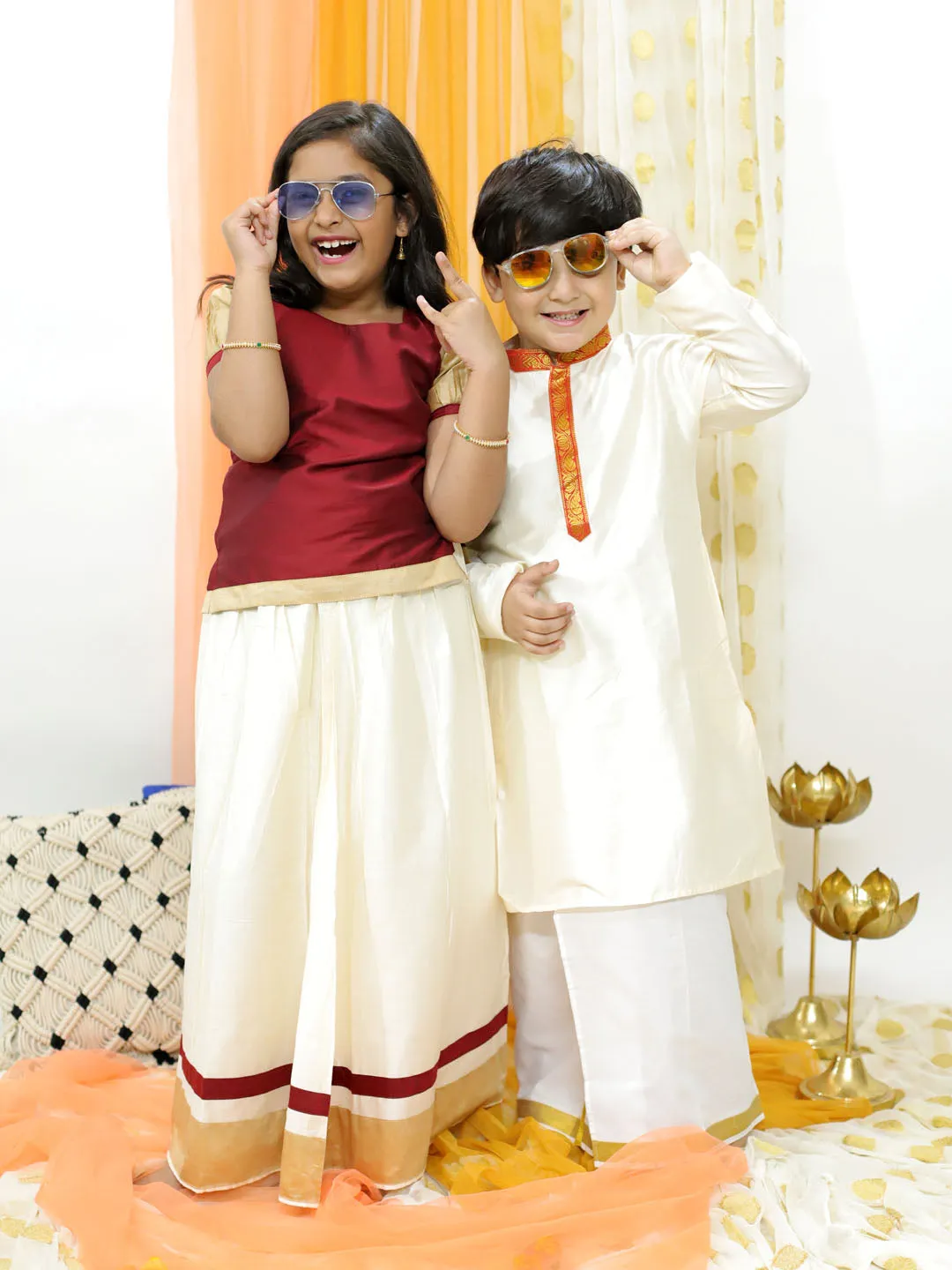 Jashvi Maroon And Cream South Collection Sibling Set