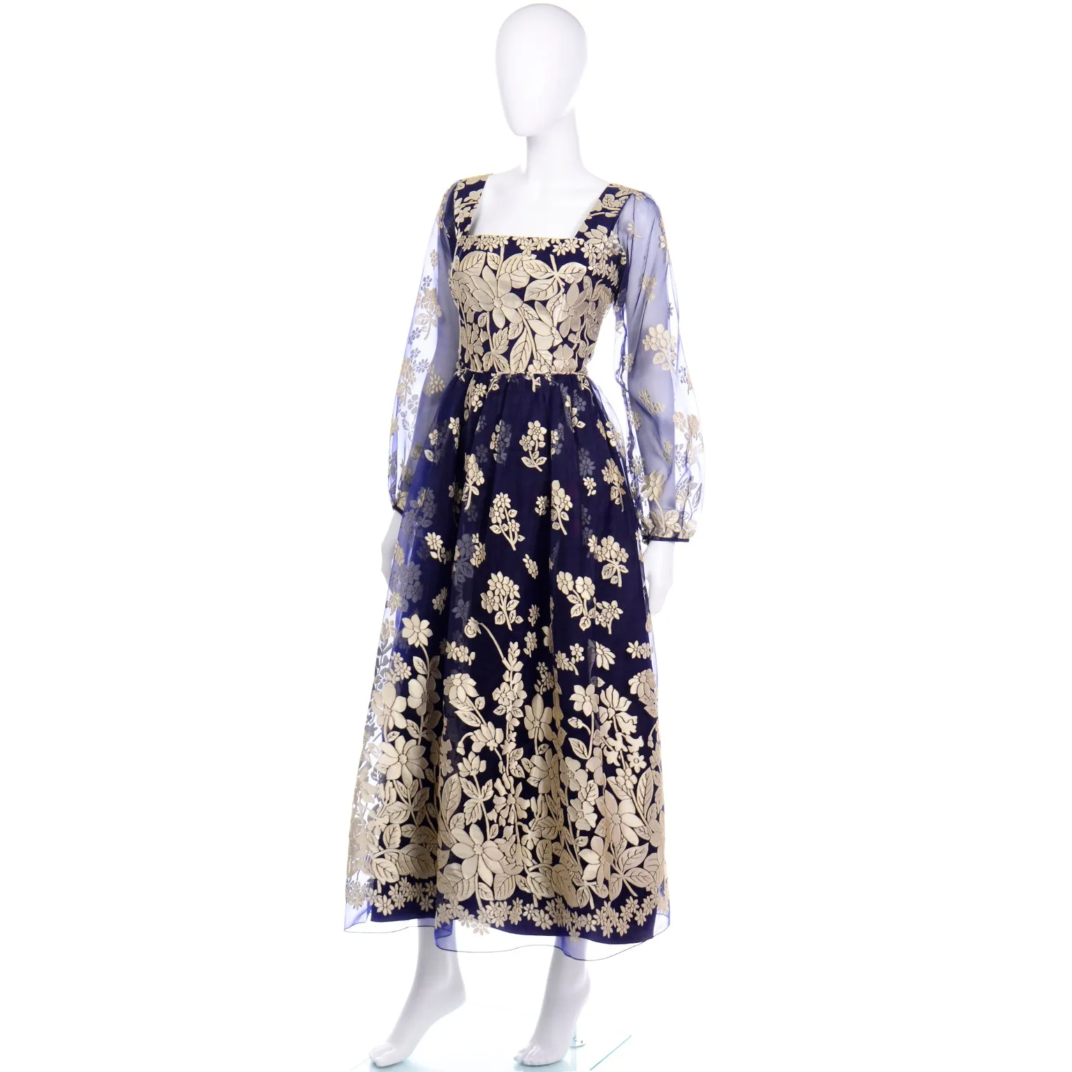 Jeannene Booher Vintage Navy Blue Evening Dress W Gold Burnout Velvet Flowerss