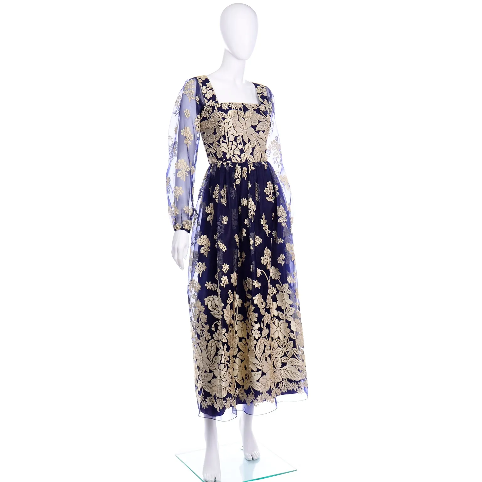 Jeannene Booher Vintage Navy Blue Evening Dress W Gold Burnout Velvet Flowerss