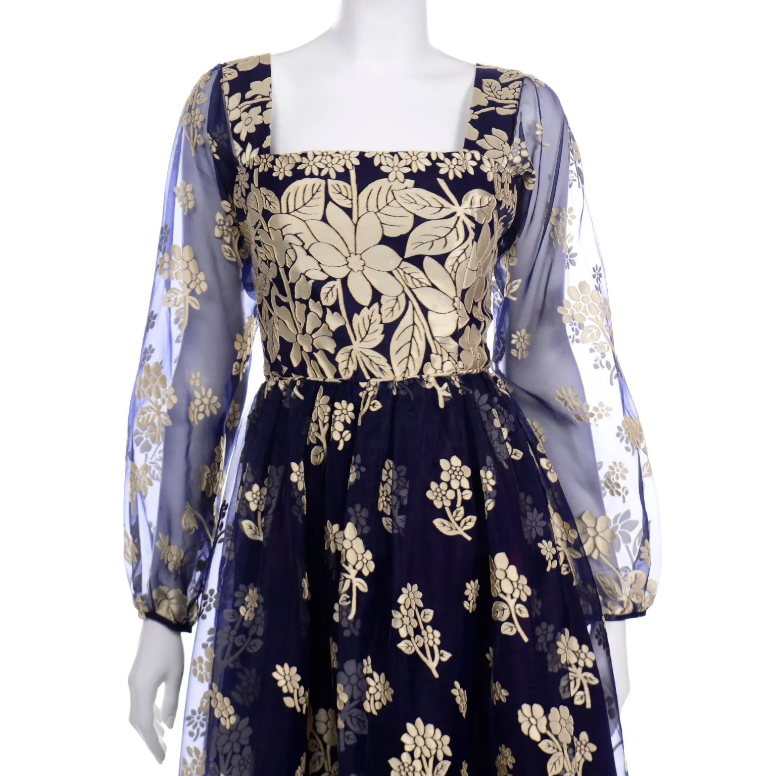 Jeannene Booher Vintage Navy Blue Evening Dress W Gold Burnout Velvet Flowerss