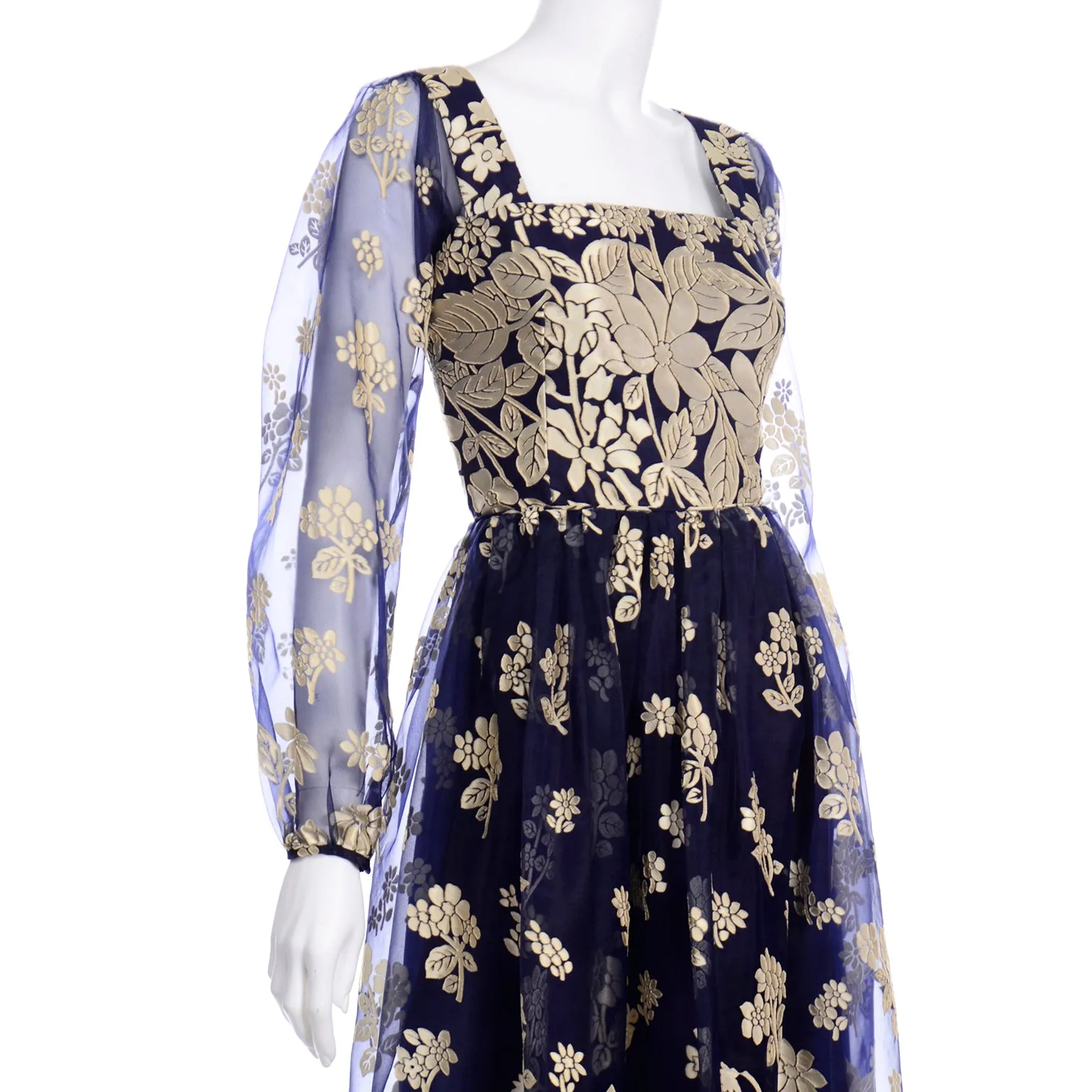 Jeannene Booher Vintage Navy Blue Evening Dress W Gold Burnout Velvet Flowerss