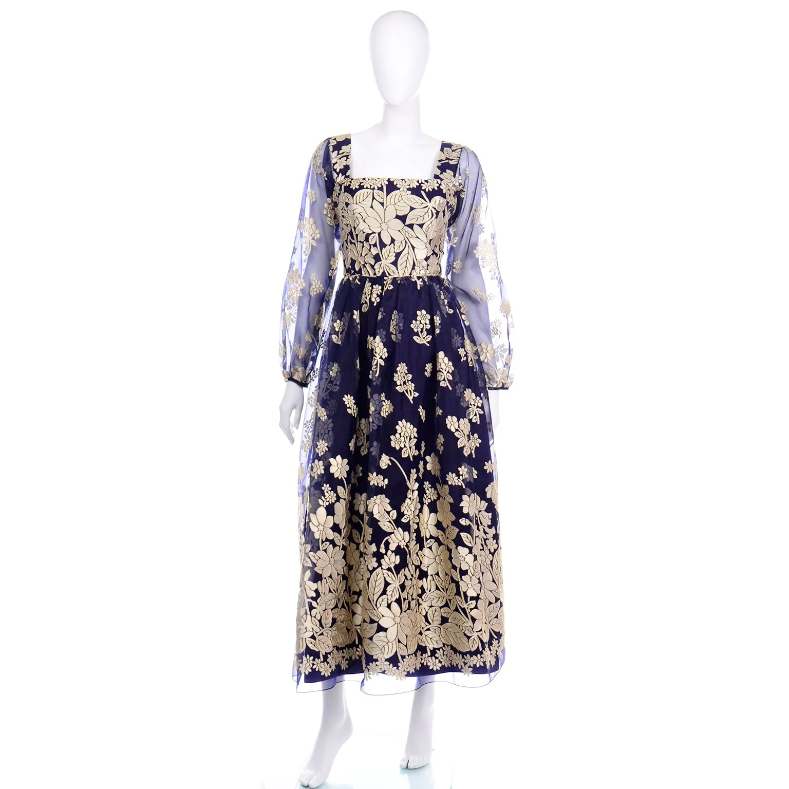 Jeannene Booher Vintage Navy Blue Evening Dress W Gold Burnout Velvet Flowerss