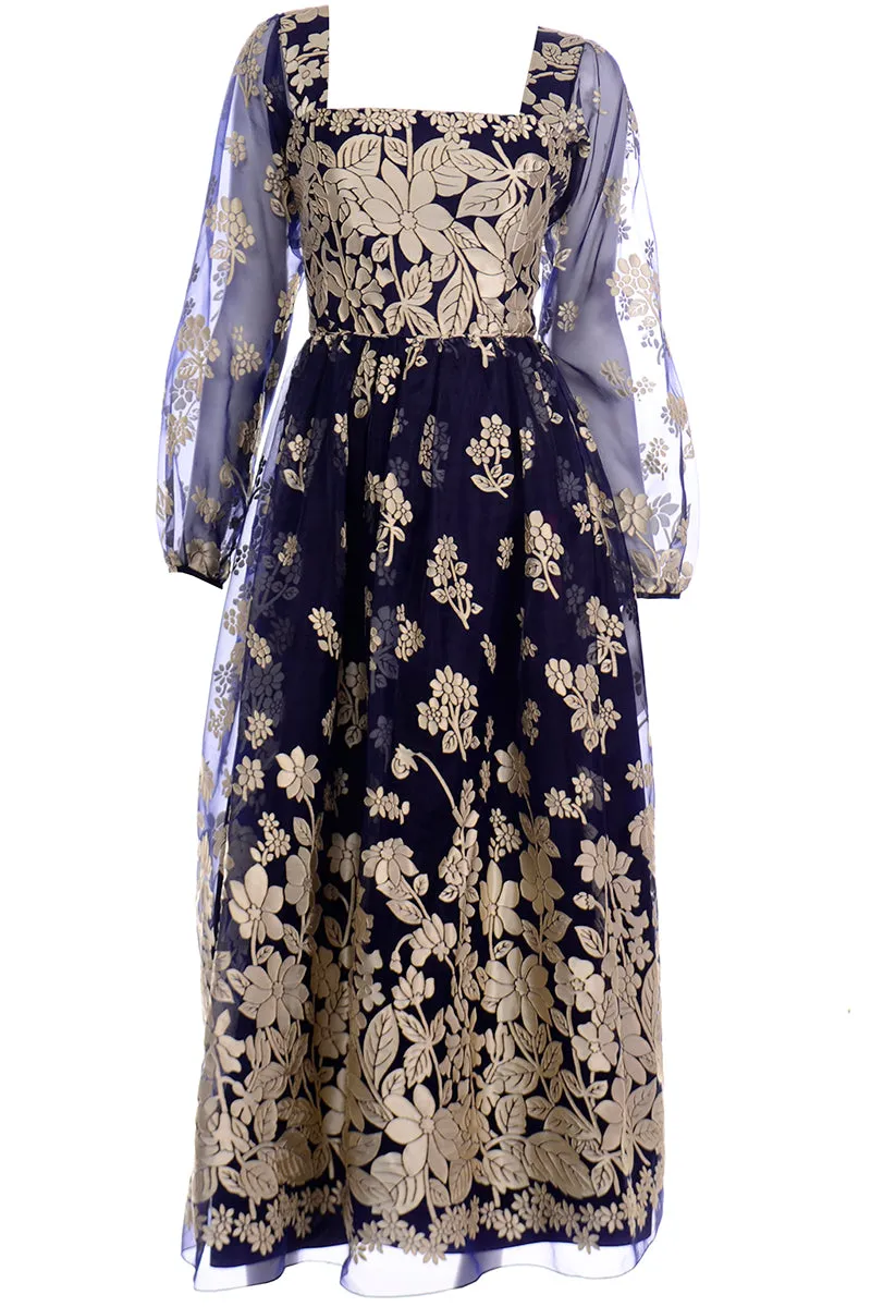 Jeannene Booher Vintage Navy Blue Evening Dress W Gold Burnout Velvet Flowerss