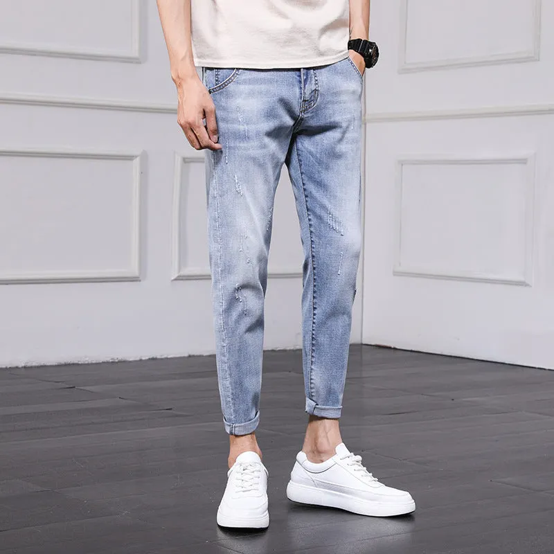 Jeans Men's Pants Men Spring and Autumn Korean version of the trend of the hole Slim nine pants bunch of feet pants men's foot pants