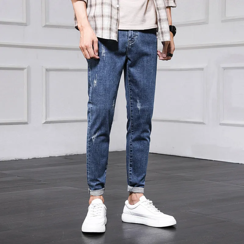 Jeans Men's Pants Men Spring and Autumn Korean version of the trend of the hole Slim nine pants bunch of feet pants men's foot pants