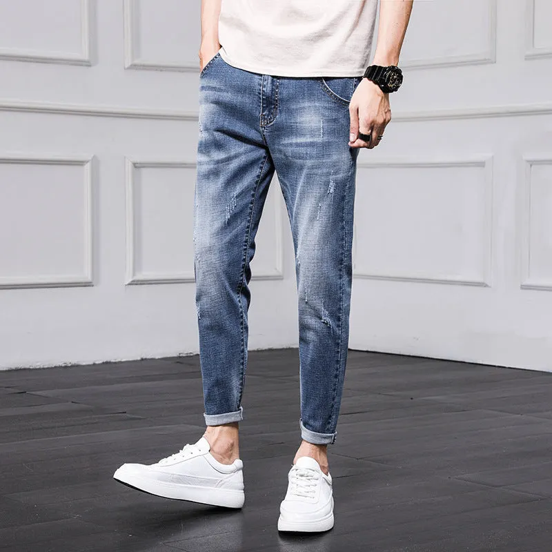 Jeans Men's Pants Men Spring and Autumn Korean version of the trend of the hole Slim nine pants bunch of feet pants men's foot pants