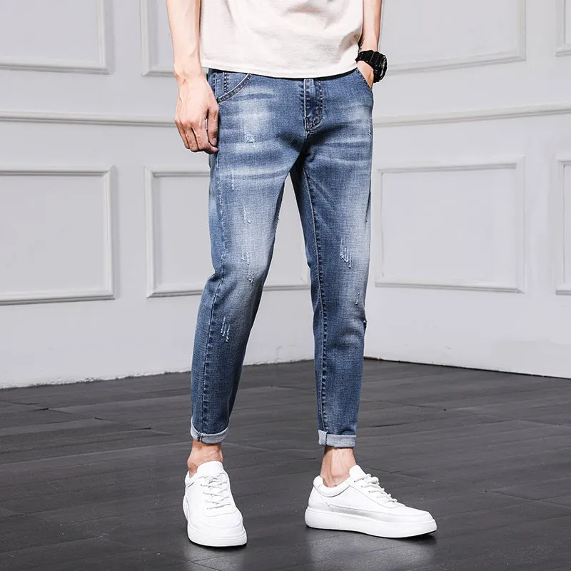 Jeans Men's Pants Men Spring and Autumn Korean version of the trend of the hole Slim nine pants bunch of feet pants men's foot pants