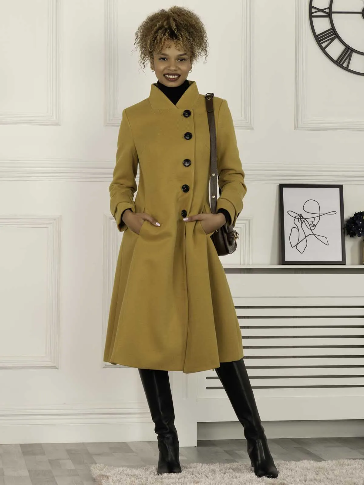 Kate Fit & Flare Midi Coat, Mustard