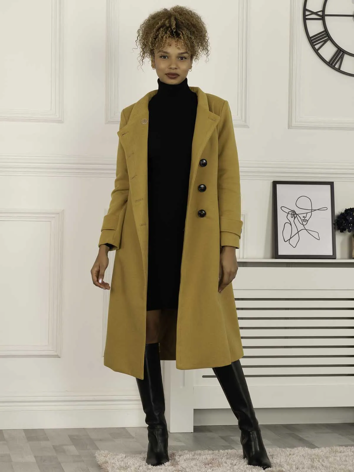 Kate Fit & Flare Midi Coat, Mustard