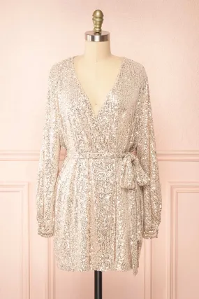 Leanie | Short Sequin Wrap Dress w/ Belt